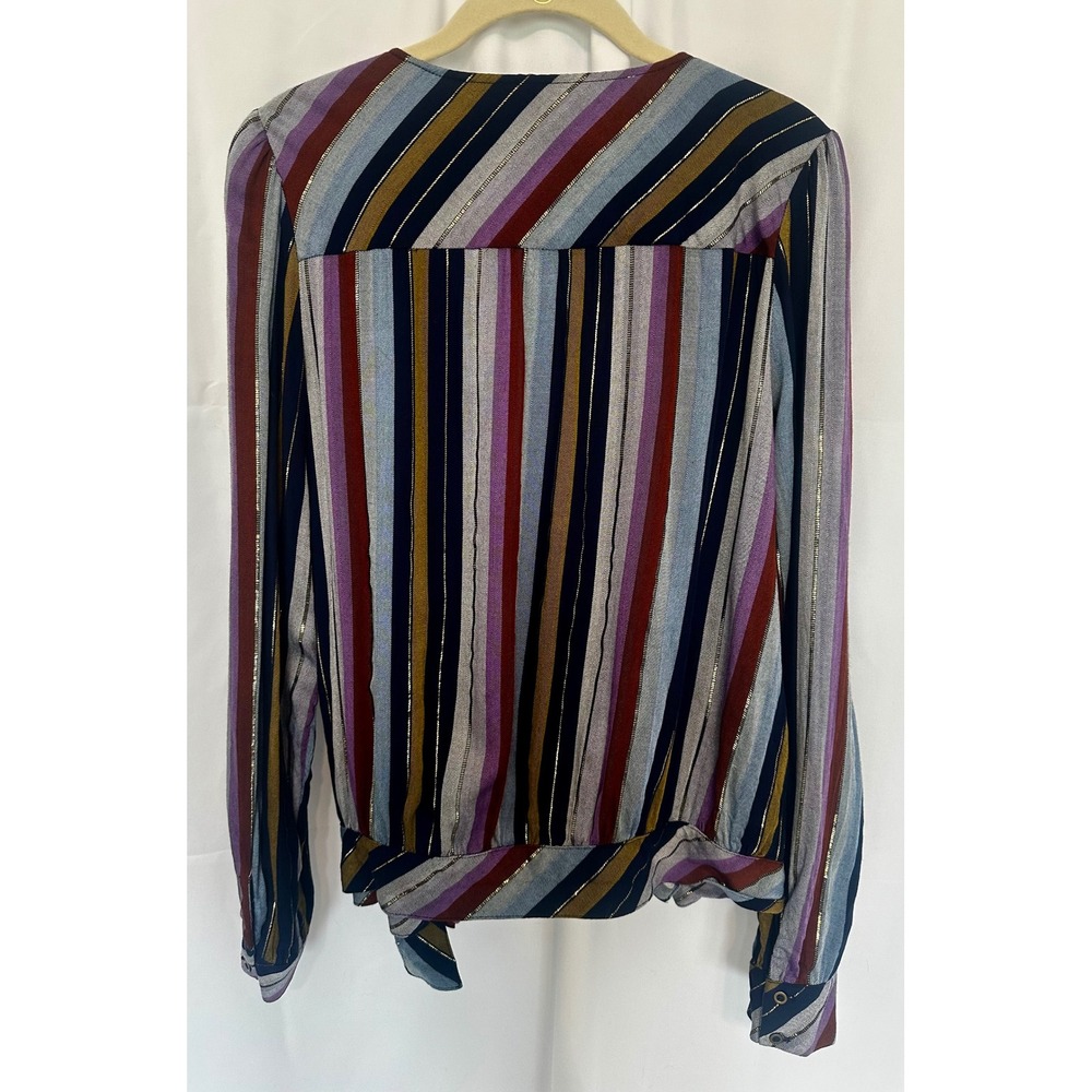 Multicolor Metallic Stripe Wrap Blouse Long Sleeve Side Avant Tie V-Neck Top